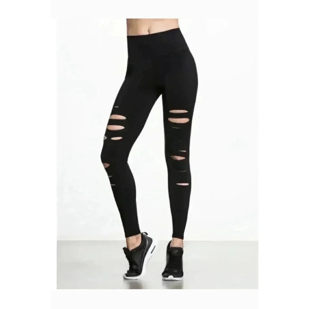 ALO Yoga High-Waisted Ripped Warrior Leggings Black Women's XXS